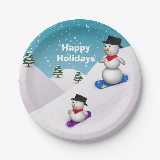 Cute Snowboarding Snowmen Paper Plates (Front)