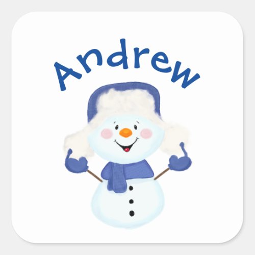 Cute Snowboy with editable name Square Sticker