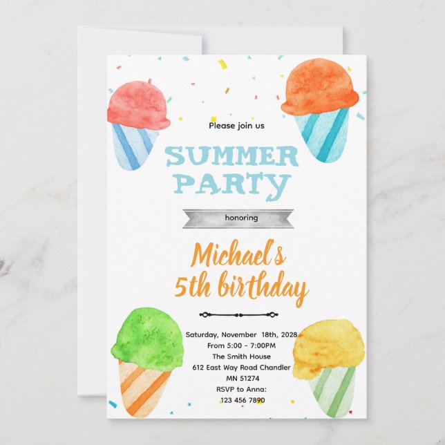 Cute snowcone birthday party invitation (Front)