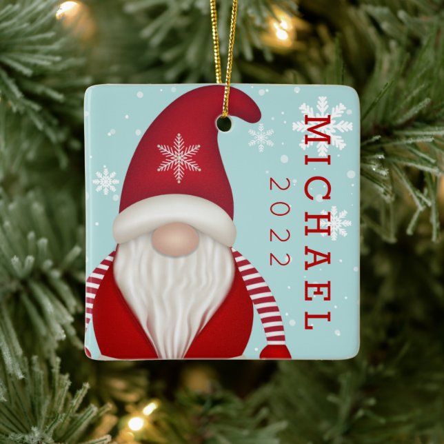 Cute Snowflake Christmas Gnome Ceramic Ornament (Tree)