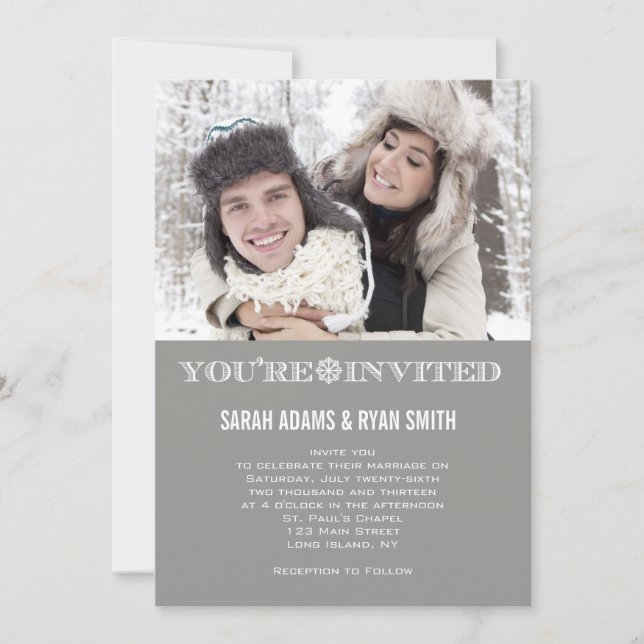 Cute Snowflake Grey Wedding Photo Invitations (Front)