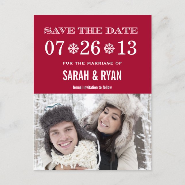 Cute Snowflake Red Save the Date Photo Postcards (Front)