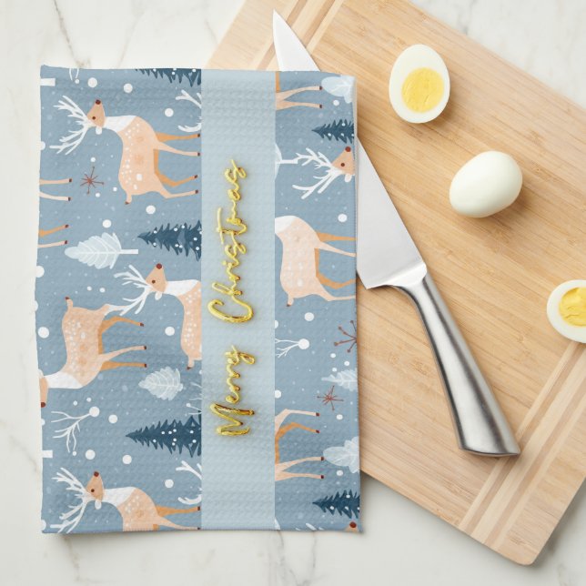 Cute Snowflake Reindeer Modern Elegant Pastel Blue Kitchen Towel (Quarter Fold)