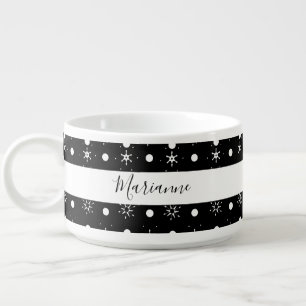 Cute Snowflakes Black White Pattern Script Name Bowl