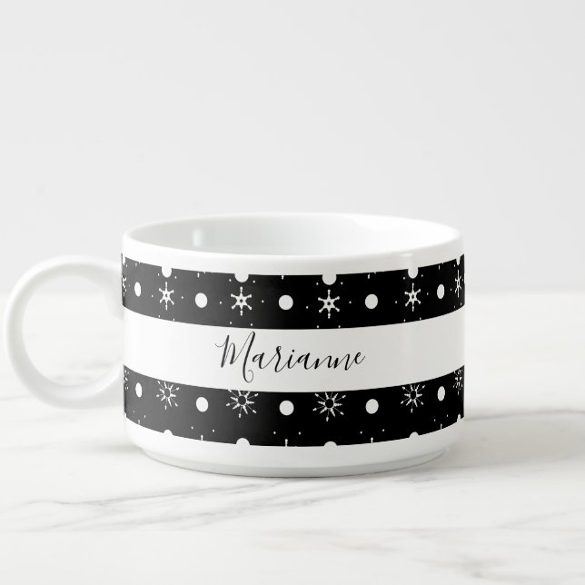 Cute Snowflakes Black White Pattern Script Name Bowl (Right)