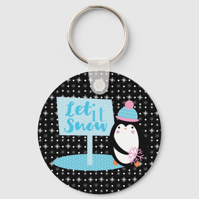 Cute Snowflakes  Black White Penguin   Button Keychain (Front)