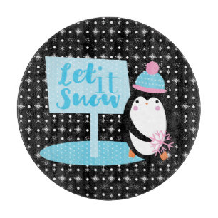 Cute Snowflakes Black White Penguin Cutting Board