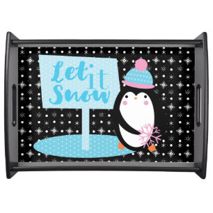 Cute Snowflakes Black White Penguin Serving Tray