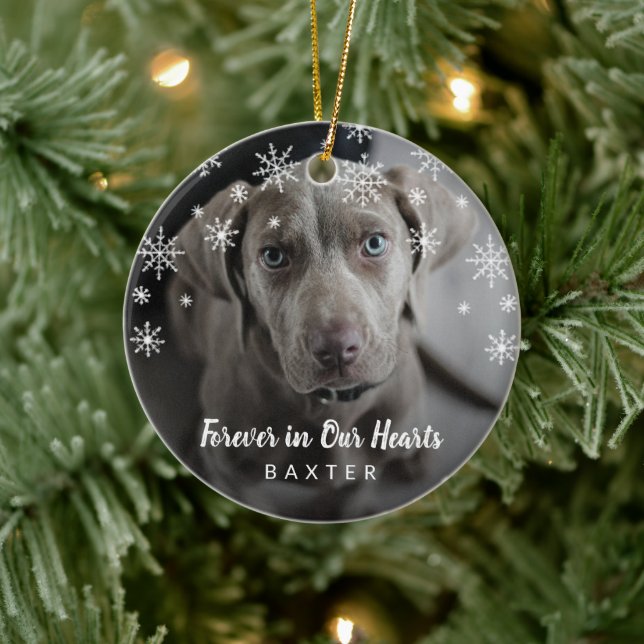 Cute Snowflakes Dog Photo Pet Memorial Ceramic Ornament (Tree)