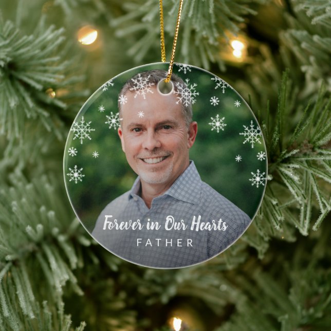 Cute Snowflakes Father Photo Memorial Ceramic Ornament (Tree)