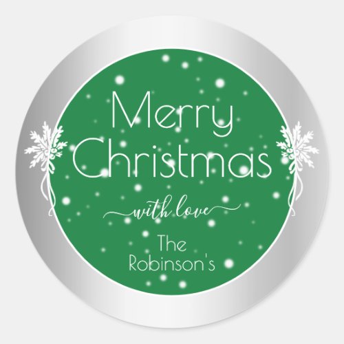Cute Snowflakes Green and Silver Colored Xmas Classic Round Sticker