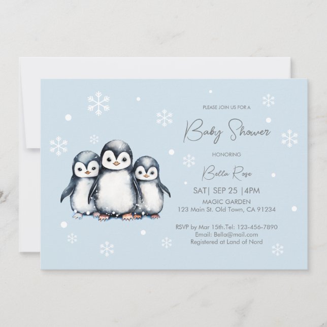 Cute Snowflakes Penguin Baby Shower Invitation (Front)
