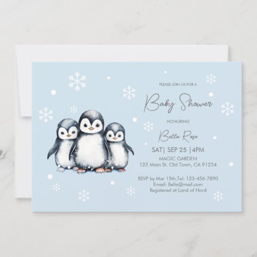 Cute Snowflakes Penguin Baby Shower Invitation