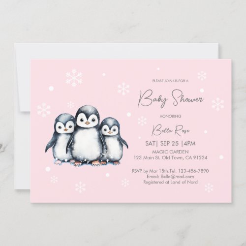 Cute Snowflakes Penguin Baby Shower Invitation