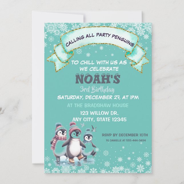 cute Snowflakes Penguin Birthday Invitation (Front)