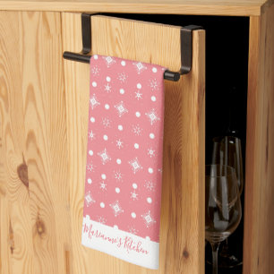 Cute Snowflakes Pink White Pattern Script Name   Kitchen Towel