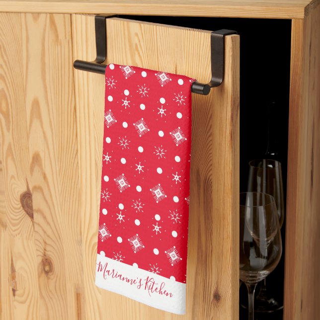 Cute Snowflakes  White Pattern Script Name   Red Kitchen Towel (Thirds Fold)