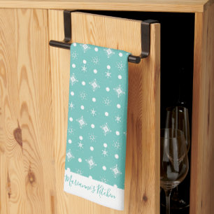 Cute Snowflakes  White Pattern Script Name Teal Kitchen Towel