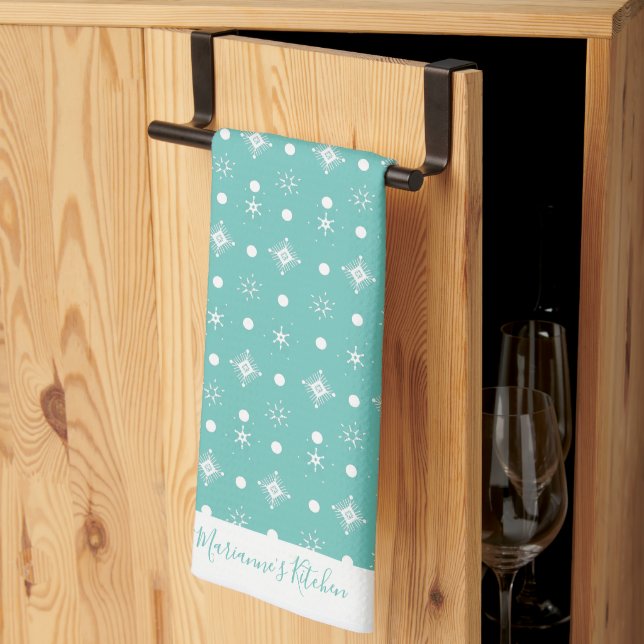 Cute Snowflakes  White Pattern Script Name Teal Kitchen Towel (Thirds Fold)