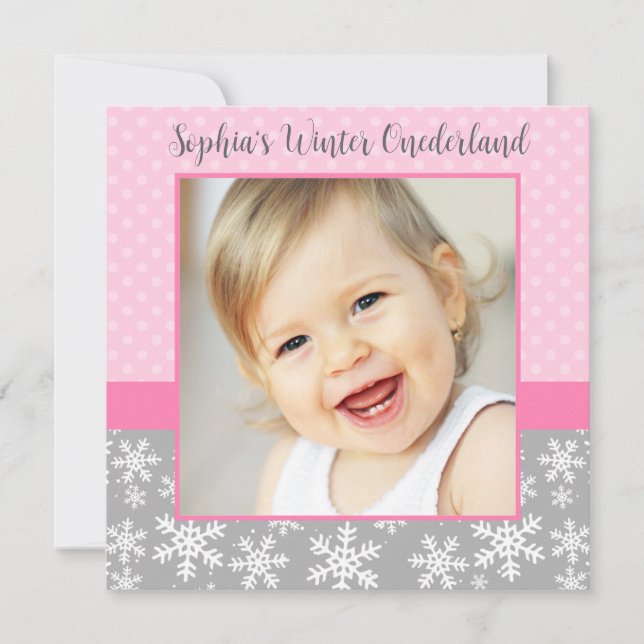 Cute Snowflakes Winter Onederland Photo Pink Gray Invitation (Front)