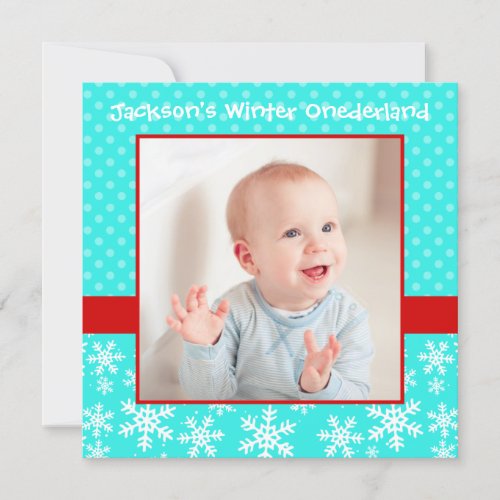 Cute Snowflakes Winter Onederland Photo Teal Red Invites
