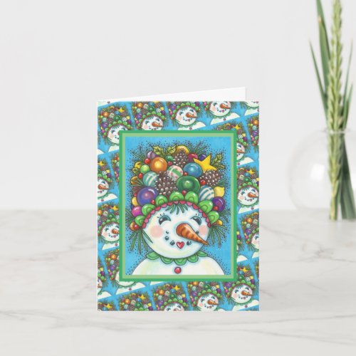 CUTE SNOWGIRL IN CHRISTMAS PARTY HAT COLORFUL CARD