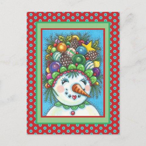 CUTE SNOWGIRL IN CHRISTMAS PARTY HAT COLORFUL POSTCARD