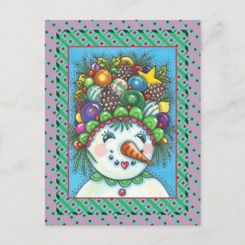 CUTE SNOWGIRL IN CHRISTMAS PARTY HAT ORNAMENTS HOLIDAY POSTCARD
