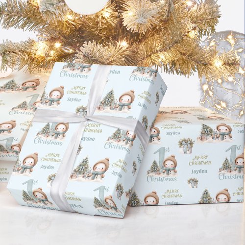 Cute Snowman 1st Christmas Vintage Blue Name Text Wrapping Paper