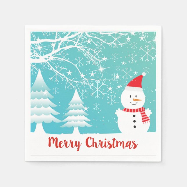 Cute Snowman And Abstract Snowflakes Illustration Paper Napkins (Front)