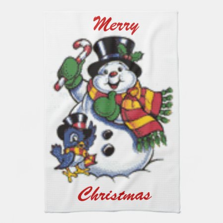 Cute Snowman And Bluebird Kitchen Towel