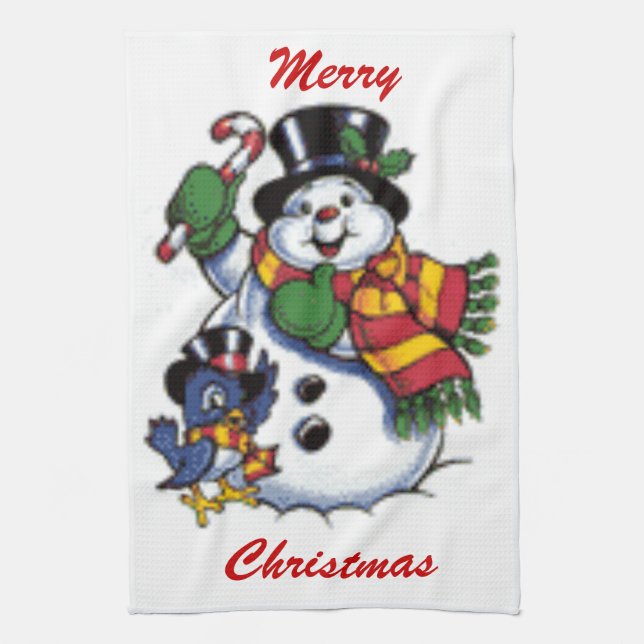 Cute Snowman And Bluebird Kitchen Towel (Vertical)