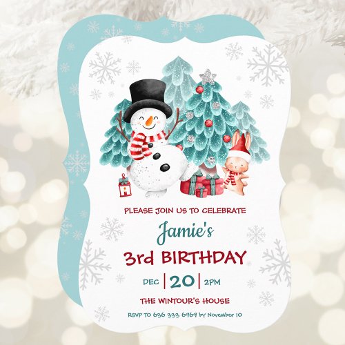 Cute Snowman and Bunny Christmas Birthday Party Invitation