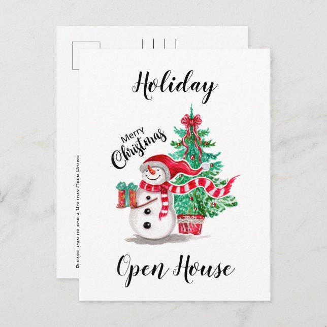 Cute Snowman and Christmas Tree Open House Postcard (Front/Back)