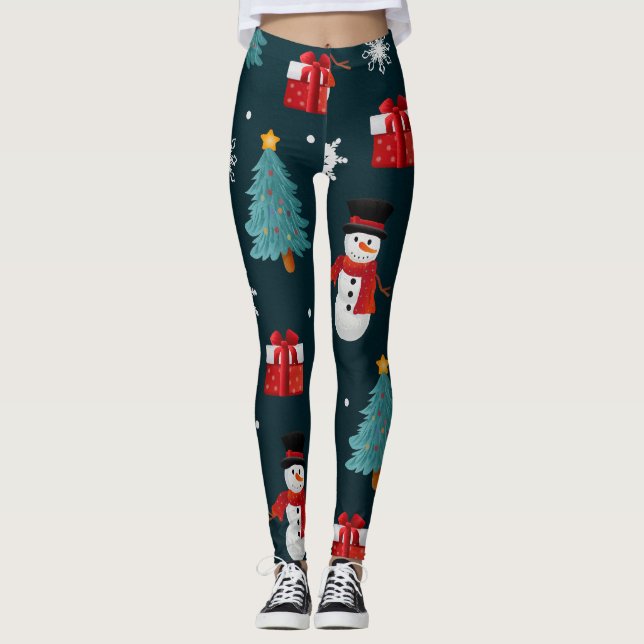 Cute Snowman and Christmas Tree Pattern Leggings (Front)