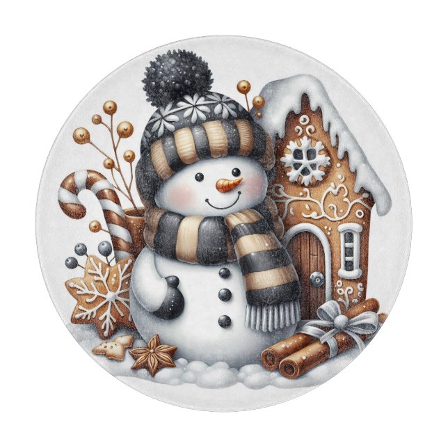 Cute Snowman and Gingerbread House Christmas  Cutting Board (Front)