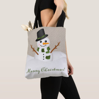Cute Snowman And Green Merry Christmas Text Tote Bag
