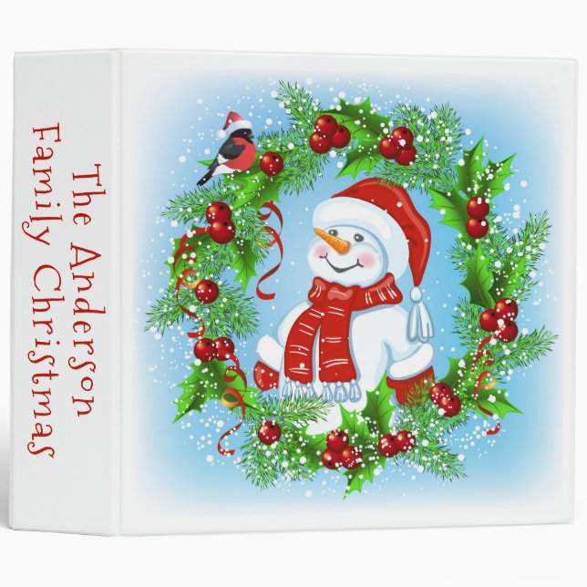 Cute Snowman and Holly Wreath Family Christmas  3 Ring Binder (Front/Spine)