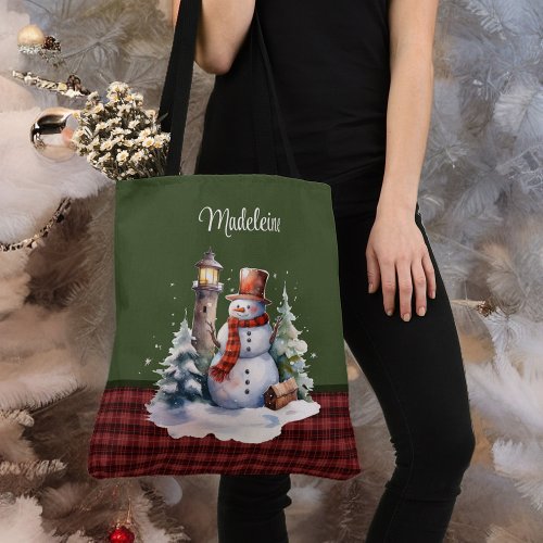 Cute Snowman and Lighthouse on Plaid Monogram Name Tote Bag