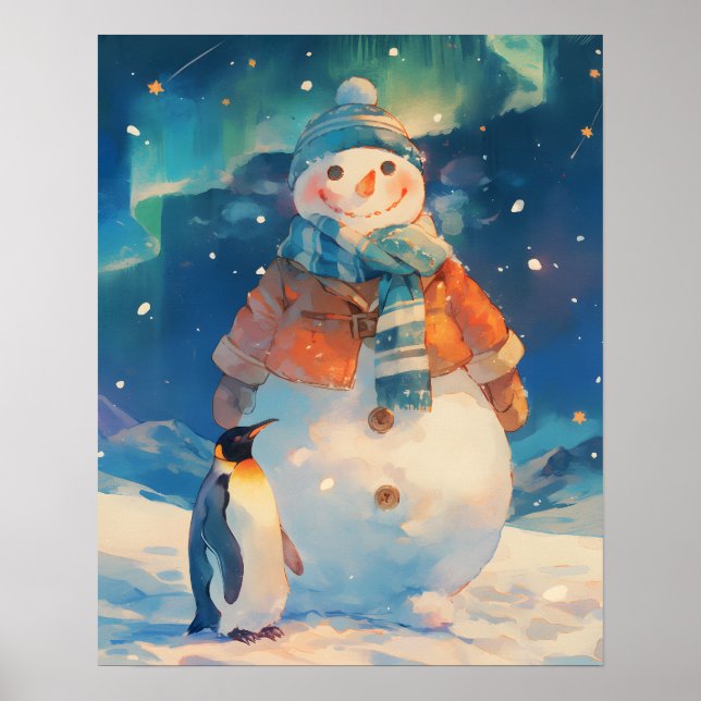 Cute Snowman and Penguin Northern Lights Nursery Poster (Front)