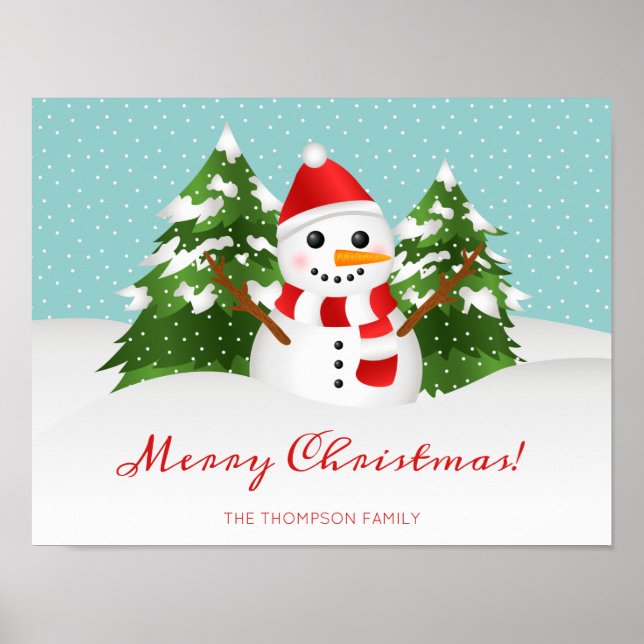 Cute Snowman And Personalizable Name Christmas Poster (Front)