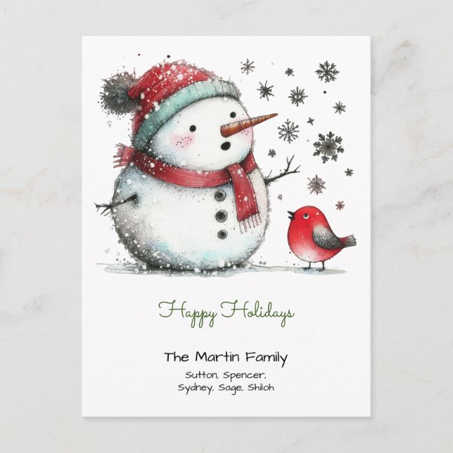 Cute Snowman and Red Bird Happy Holidays Postcard (Front)