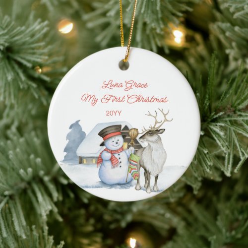 Cute Snowman and Reindeer 1st Christmas Ceramic Ornament