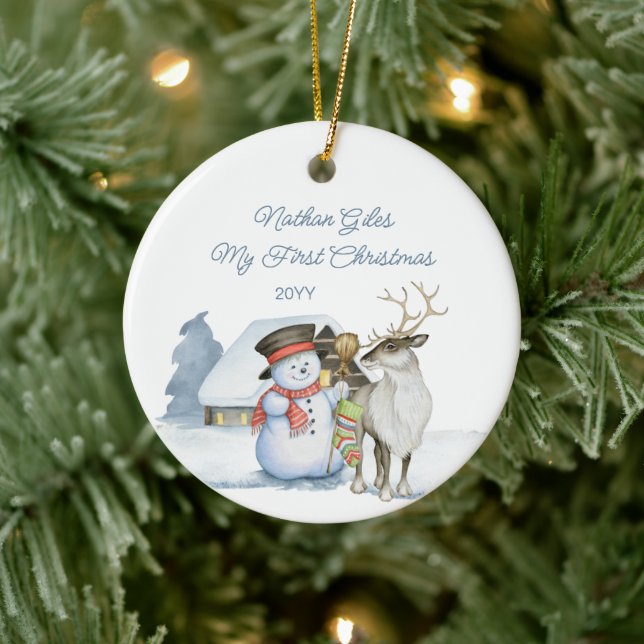 Cute Snowman and Reindeer First Christmas Ceramic Ceramic Ornament (Tree)