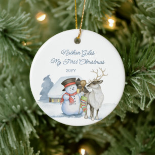 Cute Snowman and Reindeer First Christmas Ceramic Ornament