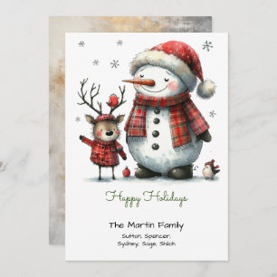 Cute Snowman and Reindeer Happy Holiday Card