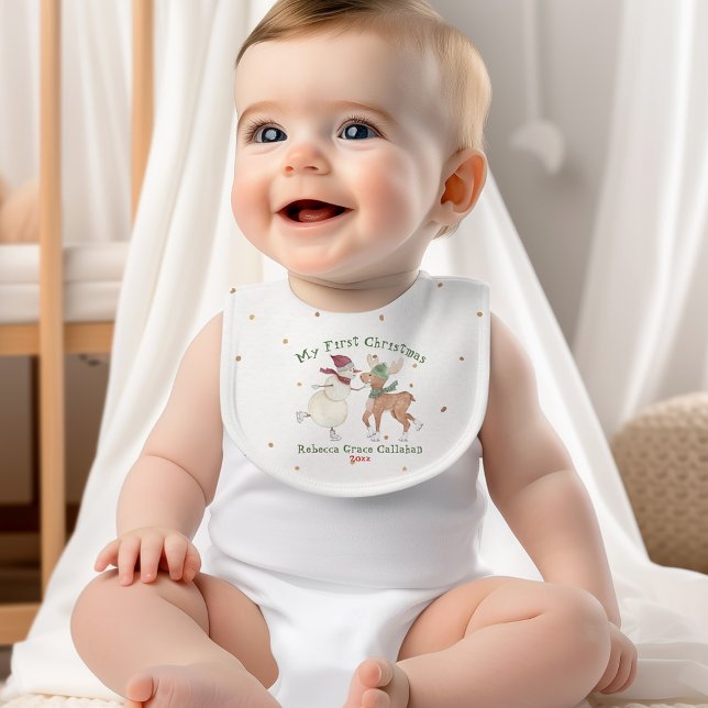 Cute Snowman and Reindeer My First Christmas Baby Bib (Creator Uploaded)