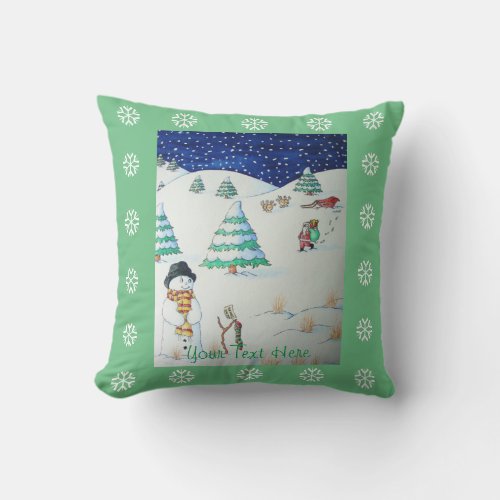 Cute snowman and santa in the snow for christmas throw pillow