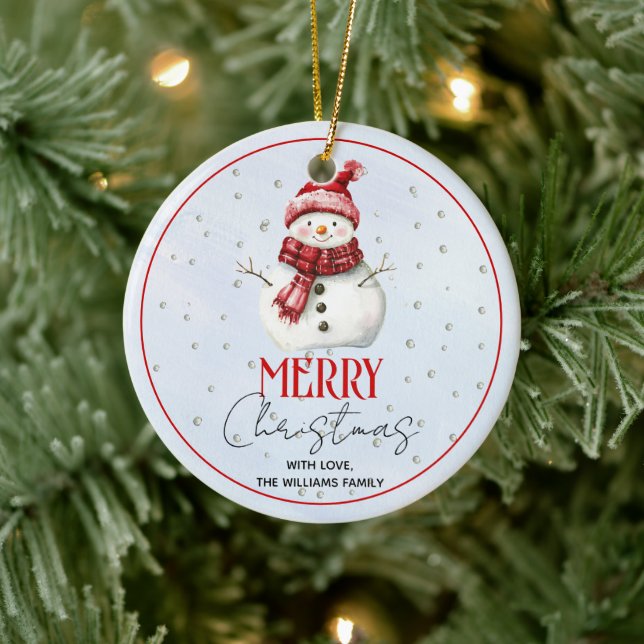 Cute snowman and snow Christmas holiday photo Ceramic Ornament (Tree)