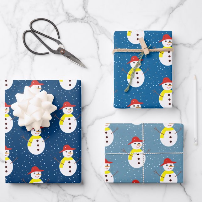 Cute snowman and snow on blue wrapping paper sheets (Front)